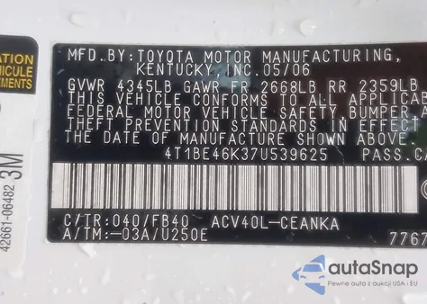 2007 Toyota Camry Le z USA, uszkodzony, nr VIN 4T1BE46K37U539625